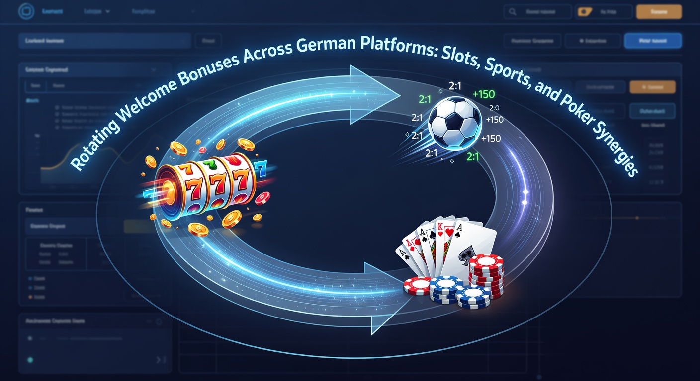 Bunte Grafik mit rotierenden Bonus-Symbolen für Slots, Sportwetten und Poker auf einem deutschen Online-Plattform-Dashboard