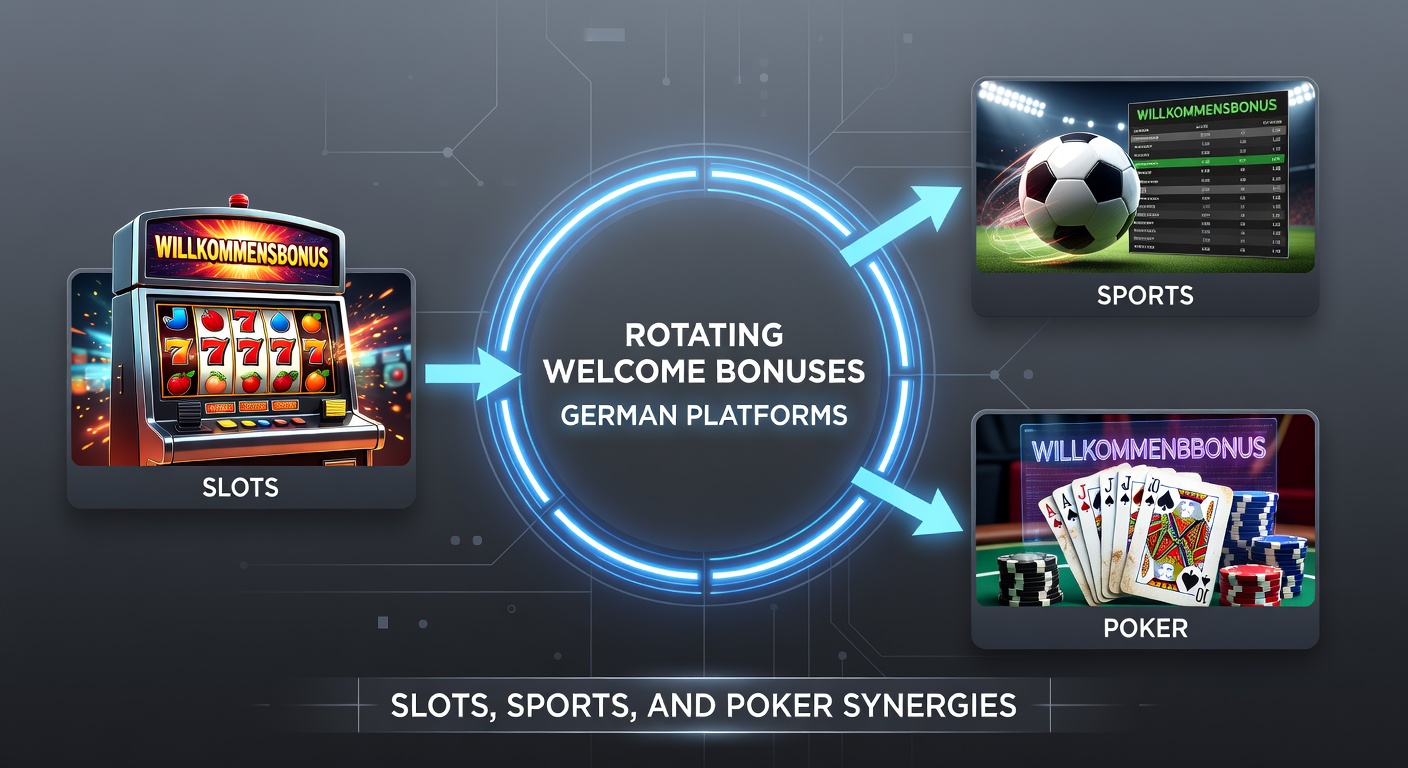 Screenshot einer deutschen Plattform mit rotierendem Bonus-Menü, das Slots, Sportwetten und Poker-Icons verknüpft