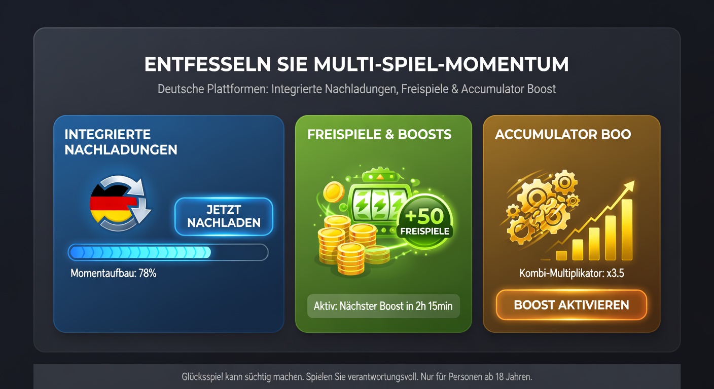 Grafik eines Akkumulator-Wettens mit Boost-Pfeilen, integriert mit Casino-Elementen und Reload-Icons auf einem deutschen Plattform-Dashboard