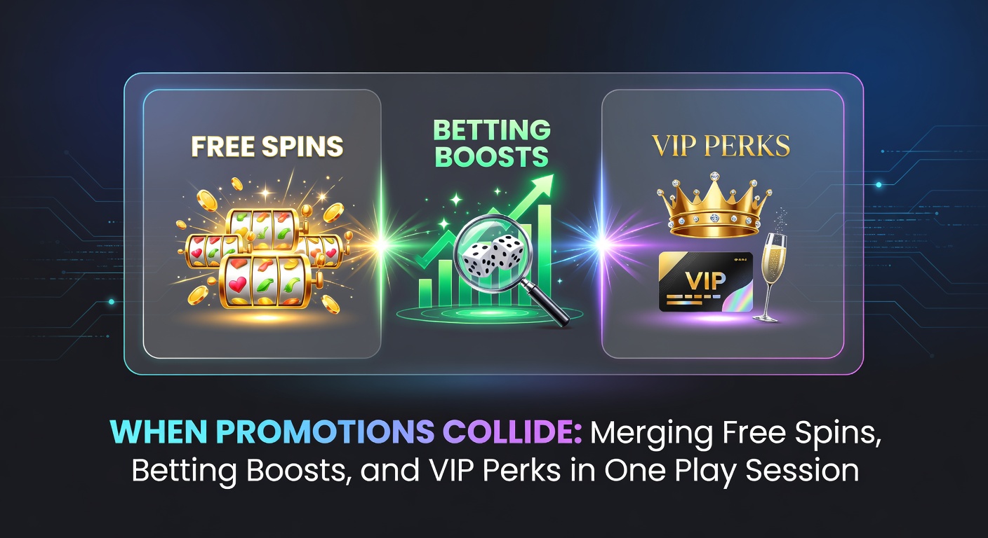 Darstellung eines Spielers, der mehrere Casino-Promotionen wie Free Spins und Boosts in einer Session kombiniert, mit Grafiken von Walzen und Wettoptionen